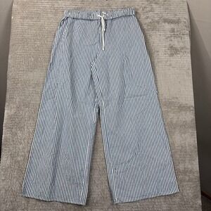 HG Blue White Striped Seersucker Wide Leg Pants Womens Large Drawstring Cotton